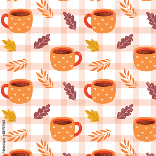 Autumn Coffee and Tea Cup Repeat Pattern Featuring Assorted Mugs and Decorative Foliage