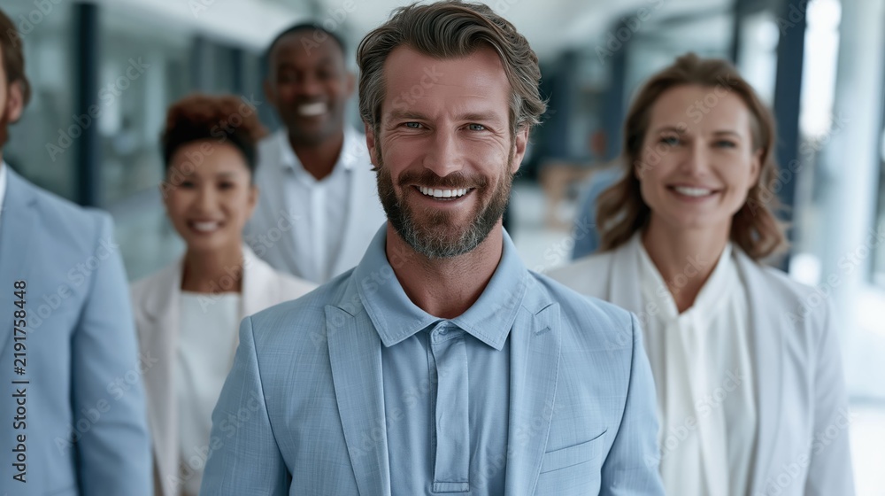 Fototapeta premium A diverse, multicultural business team creates a strong corporate visual emphasizing global collaboration, success, and modern professional unity.