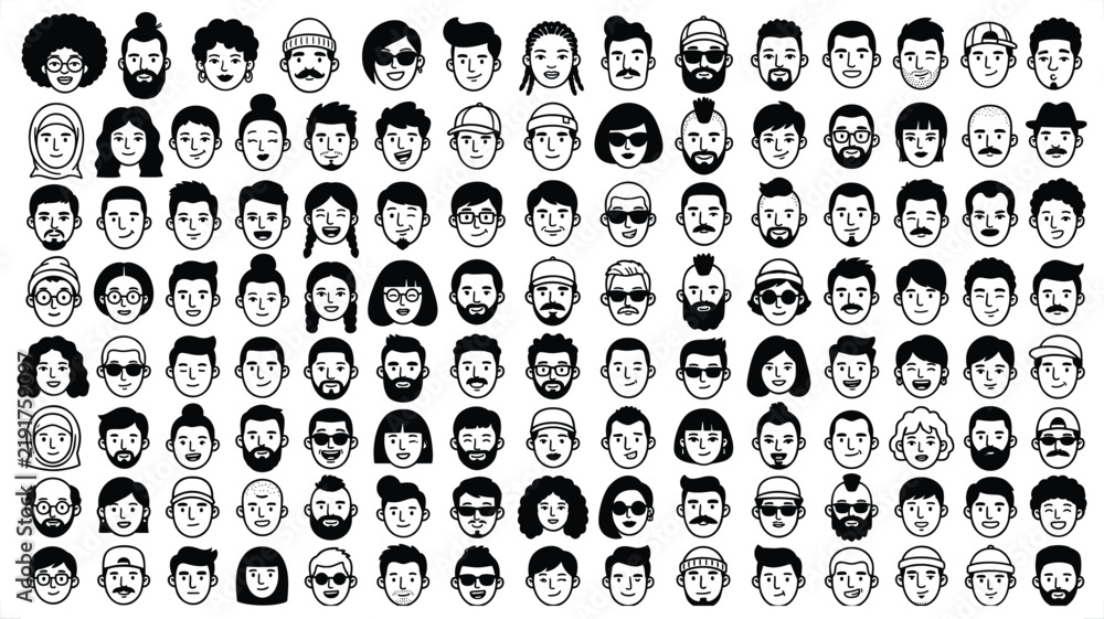 Fototapeta premium Diverse Faces Set, Cartoon Character Heads, Monochromatic Illustration, Vector Graphic Design, Crowd Iconography