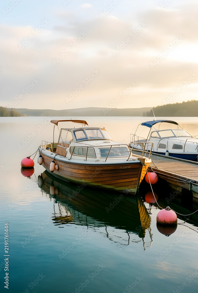 Fototapeta premium Leisure travel and summer vacation, wooden motorboat moored at a wooden pier on a calm lake during a peaceful sunrise with soft morning light and mist