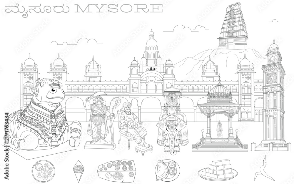 Obraz premium Mysore City Landmark Line Art Illustration Featuring Mysore Palace and Cultural Heritage Monuments, Mysore Dasara, Hand Drawn in Thin Line Style
