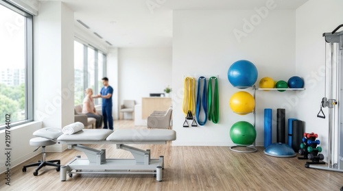A physical therapist assists a patient on a treatment table in a bright, modern rehabilitation room. The therapist, a man, is wearing a blue uniform and appears to be providing guidance.