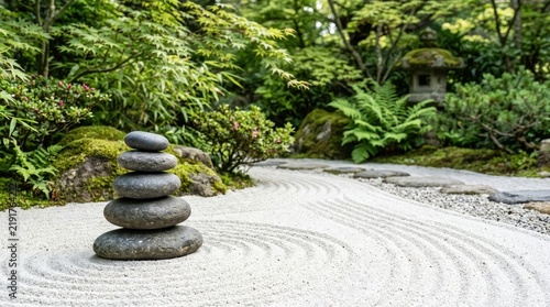 A carefully stacked pile of dark gray stones sits on a bed of white sand in a serene Japanese garden. The stones are arranged in a balanced, stable tower.