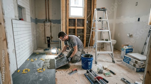 A construction worker is meticulously laying ceramic tiles on a bathroom floor during a renovation project.