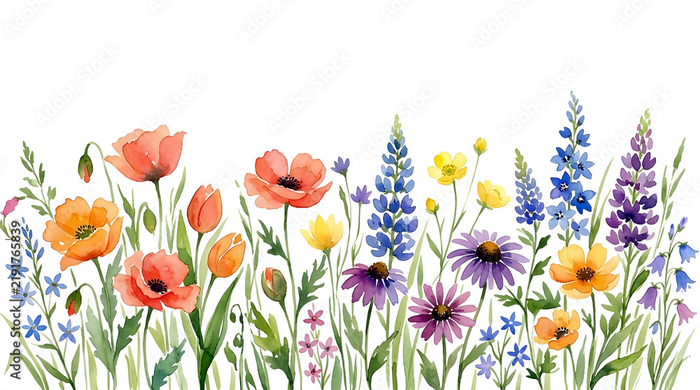 Fototapeta premium Watercolor wildflowers meadow border illustration isolated on black background, hand-drawn summer garden floral edge featuring red poppies, blue delphiniums, purple lupines, and yellow buttercups