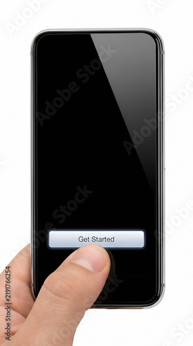 Smartphone screen with get started button touched by adult finger
