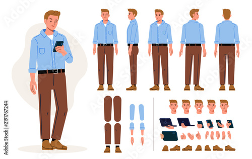 Sales manager man character. Front, side, back poses and postures set. Vector illustration for animation.