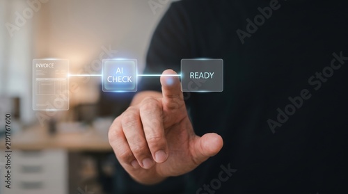 AI Back Office Automation - A human hand monitoring an invoice approval process using AI software until it reaches the ready status.