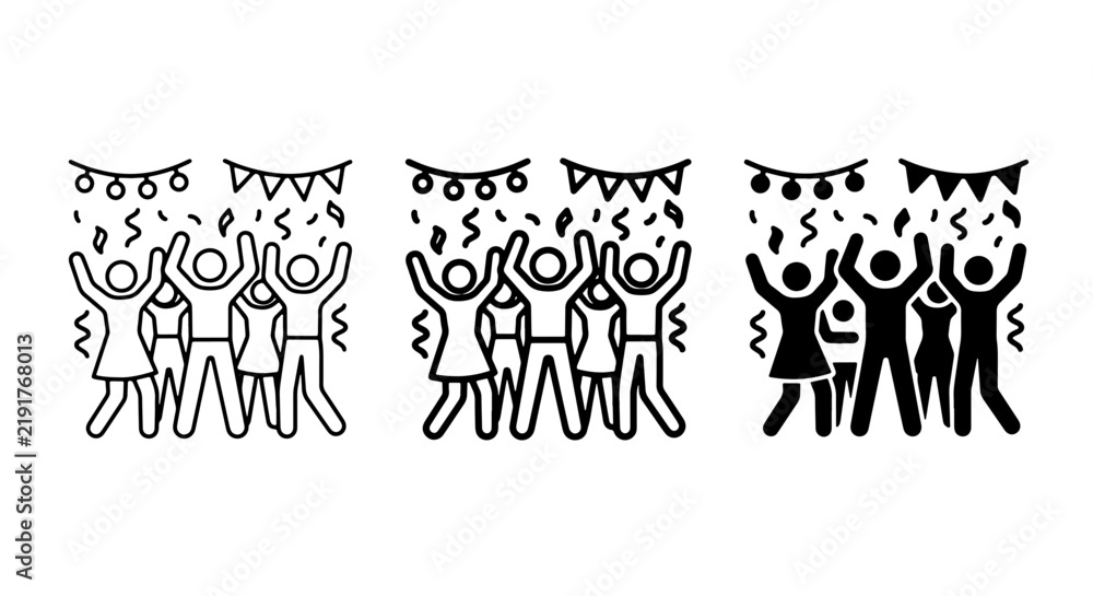 Fototapeta premium Celebration Icons: Festive Party People, Confetti, and Bunting Graphics