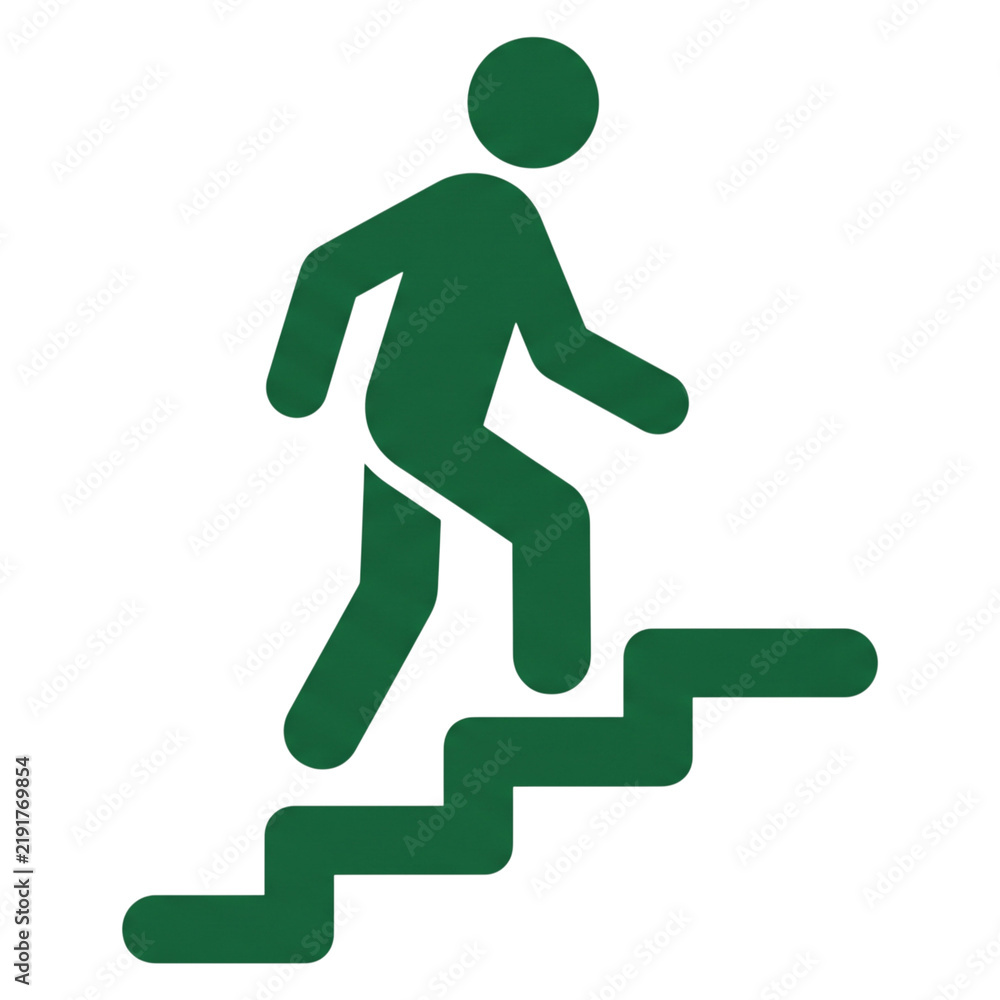 Fototapeta premium Green icon of a person walking up a staircase representing progress and career growth