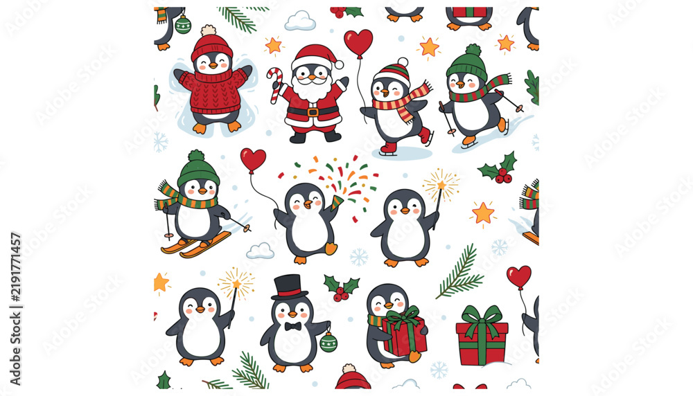 Fototapeta premium Christmas penguin seamless pattern background vector featuring cute cartoon birds in santa hats skiing and ice skating winter holiday illustration