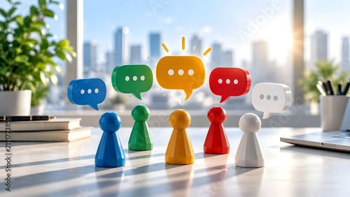 Group of colorful wooden figures with speech bubbles in an office setting highlighting leadership and team communication