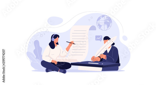 Creative Writing and Global Communication - Two people writing with quill and pen, one listening to music