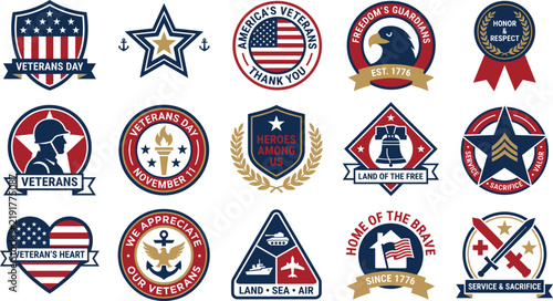Collection of patriotic american badges and emblems designed for veterans day celebrations featuring stars stripes eagles and military service insignias
