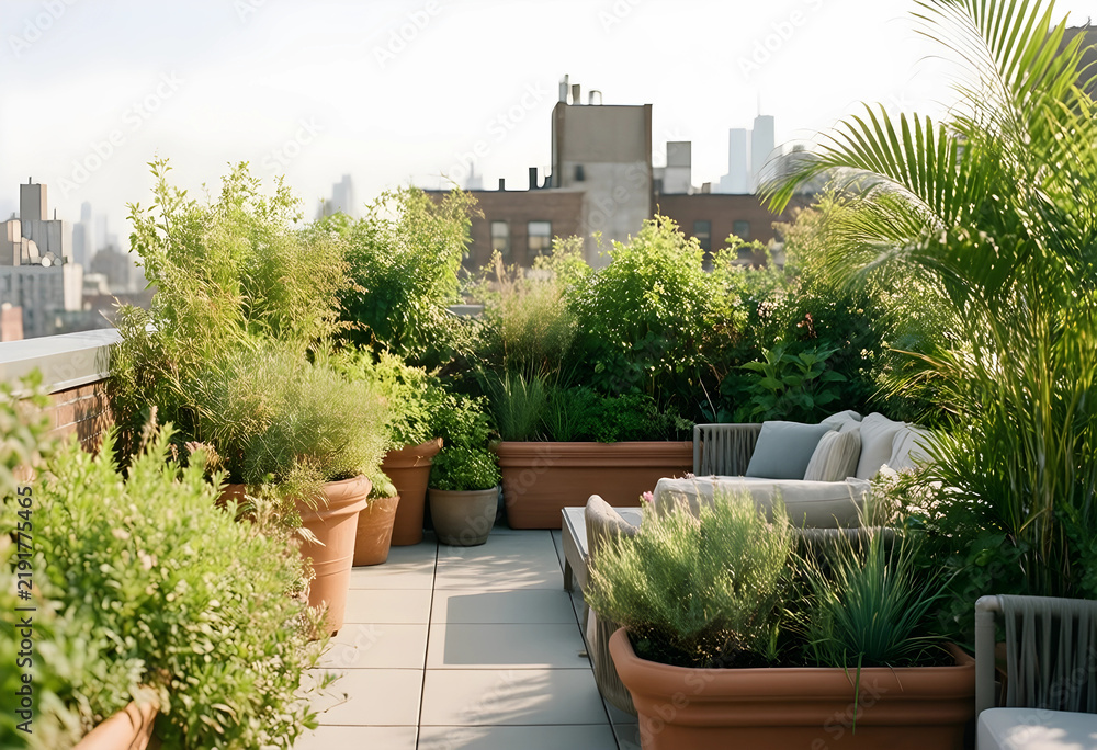 Fototapeta premium Urban gardening and rooftop oasis, sustainable city living with balcony plants and outdoor lounge furniture on a sunny terrace overlooking the skyline