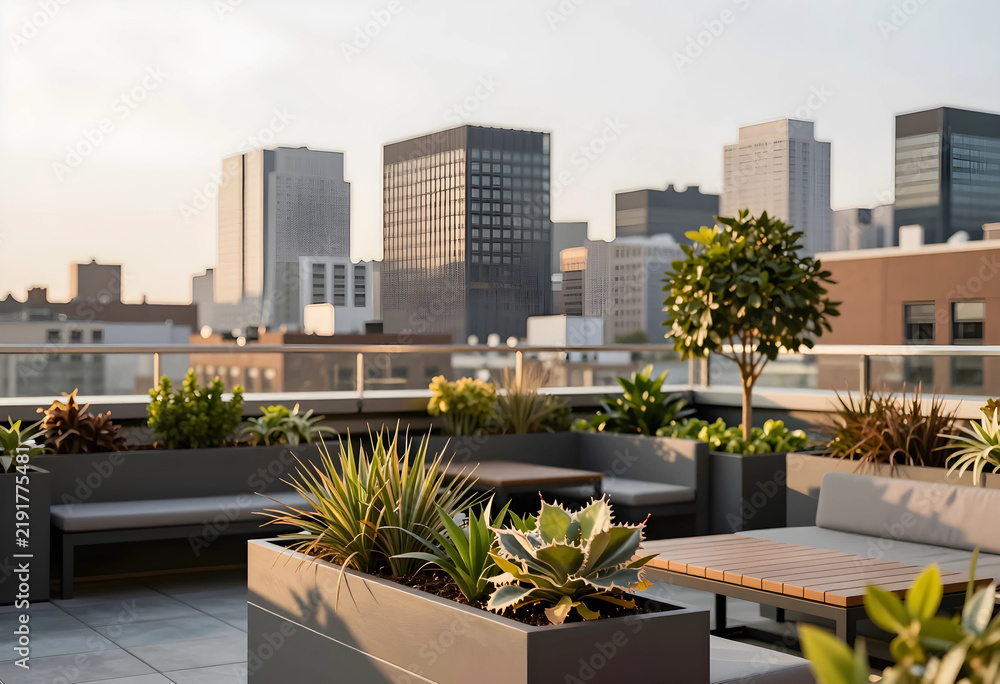 Fototapeta premium Urban lifestyle and city living, modern rooftop terrace with plants and skyline view at sunset for luxury real estate and outdoor relaxation space