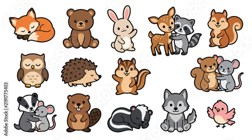 Cute Woodland Animals Vector Icon Set, Kawaii Forest Animal Clipart, Fox Bear Bunny Deer Raccoon Squirrel Owl Hedgehog Beaver Wolf Skunk Doodle Illustration