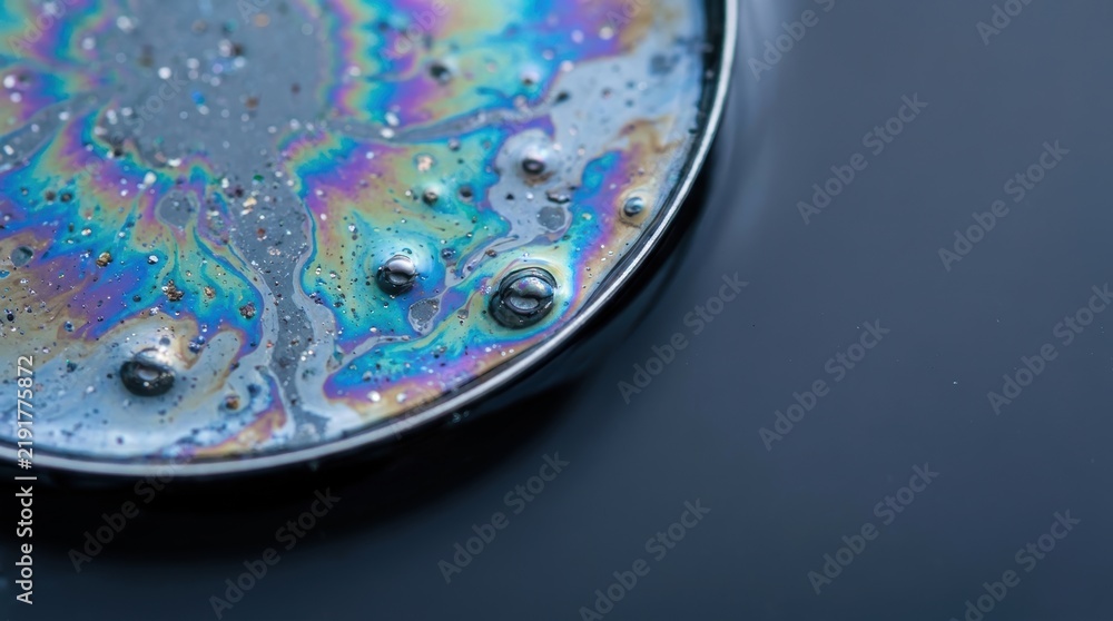 Obraz premium Colorful iridescent oil slick with bubbles floating on dark water surface global warming