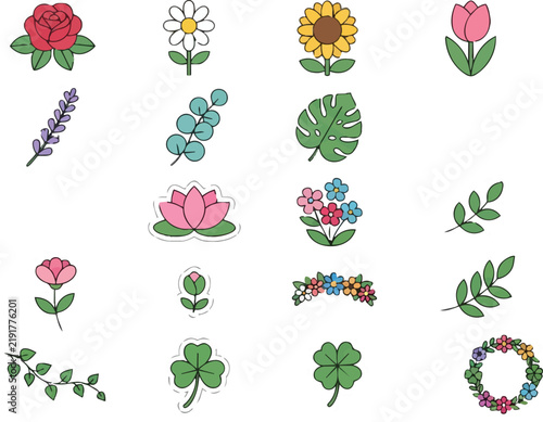 Cute Flower Vector Icons Set with Floral Leaves Botany Clipart