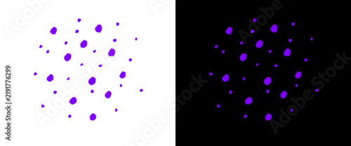 Purple hand-drawn polka dot pattern, abstract violet ink spots on white and black background, minimalist artistic dot texture for textile design