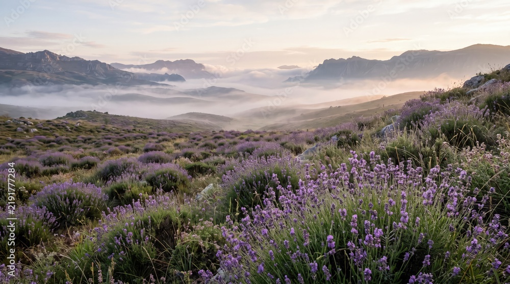 Fototapeta premium Lavender fields in provence at sunrise with morning mist and rolling hills