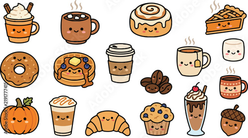 Cute Kawaii Autumn Food Vector Icon Set featuring Pumpkin Spice Latte, Coffee, Cinnamon Roll, Pie, and Fall Bakery Items