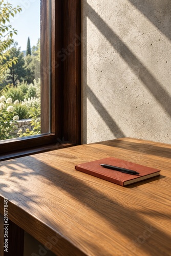 Minimalist wooden desk with red notebook and black pen beside large window showcasing lush greenery, natural sunlight casting shadows on textured concrete wall, serene workspace with modern