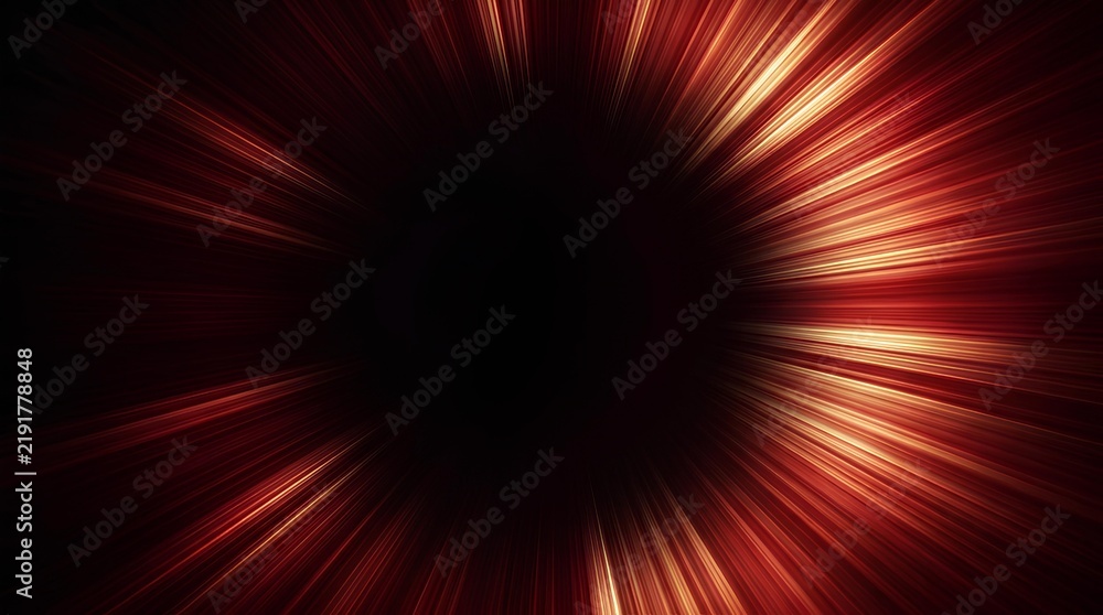 Fototapeta premium Dynamic red and gold light rays radiating from black center in science fiction tunnel
