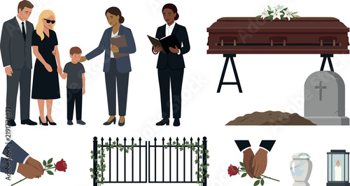 Photography Funeral Service and Memorial Elements Vector Set Featuring Grieving Family, Coff