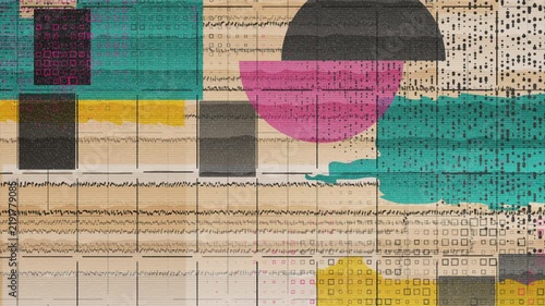 Vintage geometric collage background with halftone dots, paper grain and distressed color blocks. Abstract tactile retro grunge motion design. Seamless loop. Video animation Ultra HD 4K 3840x2160