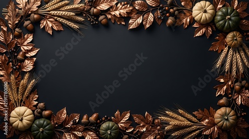 Autumn foliage corporate Thanksgiving frame with bronze leaves and pumpkins on black background