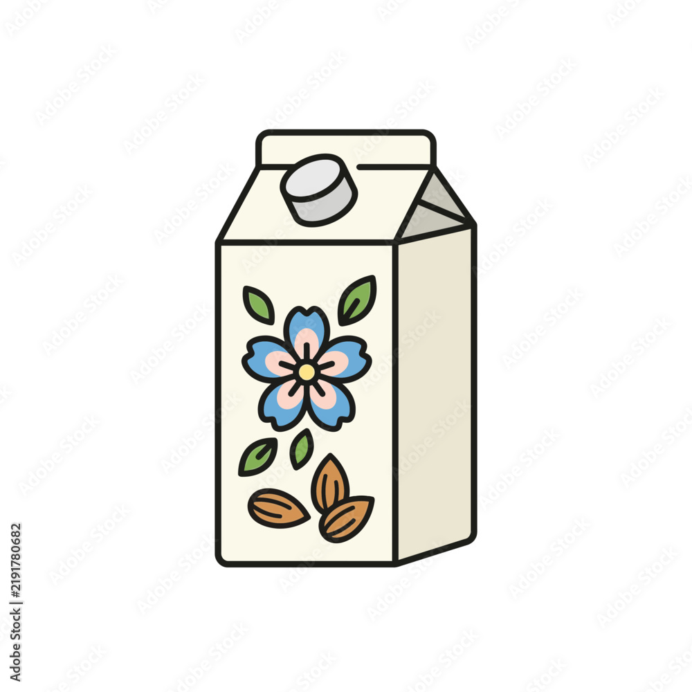 Fototapeta premium Flat vector illustration of almond milk carton with floral design