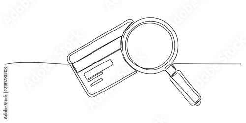A magnifying glass reveals a credit card atop a file folder creating a digitalage security concept. Magnifying Glass Continuous Line Icon, Black magnifying glass in one line art style. 