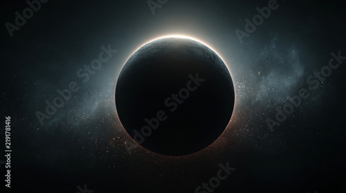 Black planet absorbing light, surrounded by faint stars, minimal and ominous cosmic atmosphere
