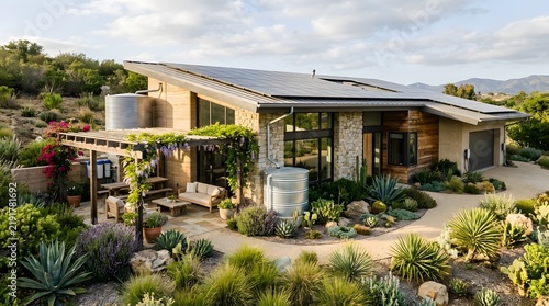 Sustainable modern eco friendly desert house featuring solar panels and rainwater collection for real estate marketing or architecture