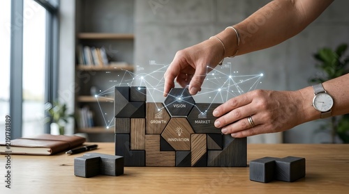 Business strategy building blocks with digital connection icons for professional corporate leadership presentations and modern workplace