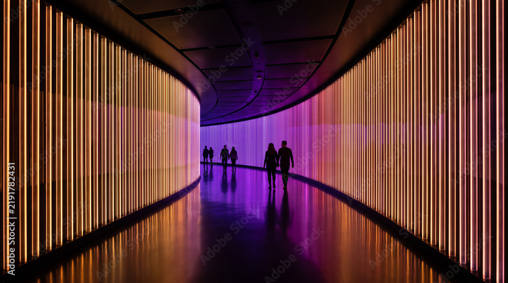 Fototapeta premium People walk through colorful illuminated modern corridor