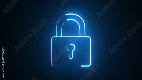 Glowing padlock animation featuring fiery yellow electric energy lines on dark background. Includes 4k animation background.