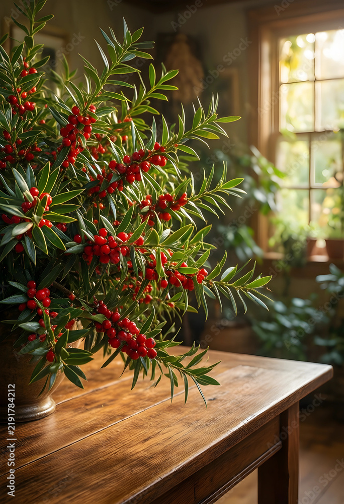Obraz premium Christmas holiday decor and winter festive atmosphere, yew branches with red berries in a vase on a rustic wooden table in a cozy sunlit home interior