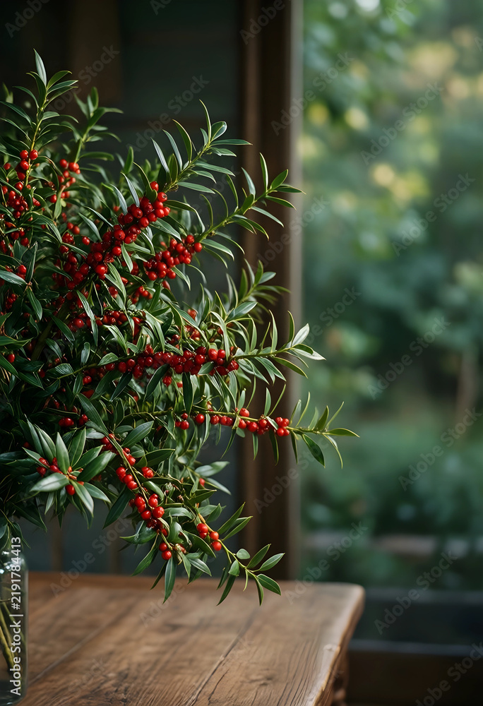 Obraz premium Christmas holiday decor and winter festive mood, holly branches with red berries in a glass vase on a rustic wooden table near a window