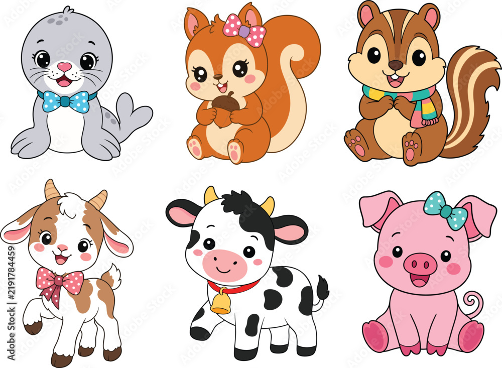 Fototapeta premium Collection of cute baby farm and wild animals cartoon characters with young goat