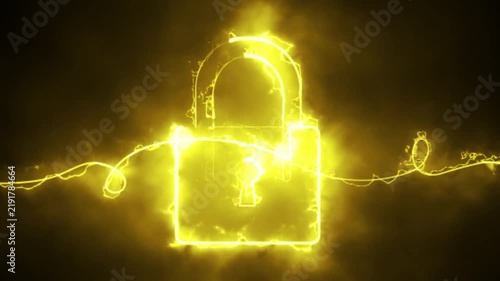 Glowing padlock animation featuring fiery yellow electric energy lines on dark background. Includes 4k animation background.