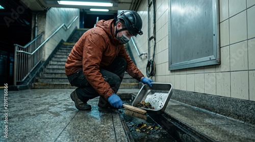 Drainage specialist clears a station platform channel