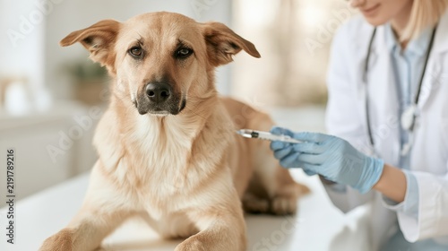 Veterinarian in white coat administers vaccination to a golden retriever dog on examination table inside a bright and modern veterinary clinic with soft lighting and minimalistic decor