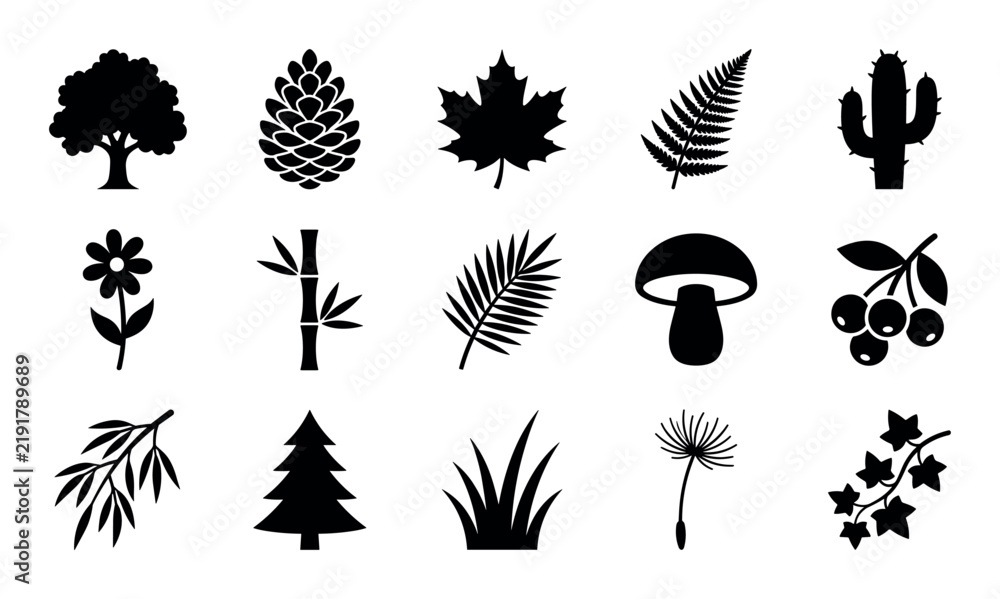 Obraz premium Botanical and nature conservation vector icons with oak tree, fern frond and cactus for infographic design in solid silhouette style