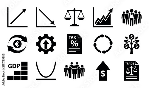 Economic theory-related elements vector icons with supply curve, demand curve and inflation graph for presentation design in silhouette style