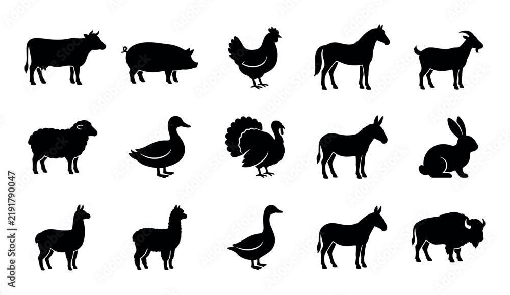 Fototapeta premium Farm domestic animals vector icons with cow, pig and chicken for infographic design in solid glyph style