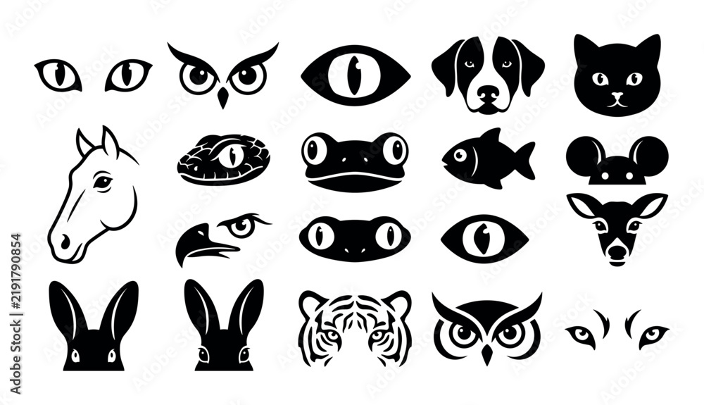 Obraz premium Animal eye design icons with cat eyes, owl eyes and snake eyes for presentation design in silhouette style.