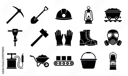 Mining tools and equipment vector icons with pickaxes, shovels and helmets for infographic design in silhouette style.
