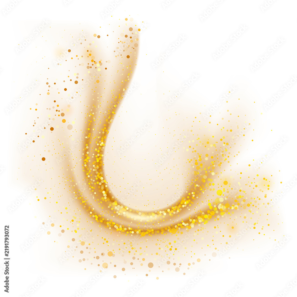 Obraz premium Golden sparkling decoration. Magical dust wave on transparent background. Gold glitter abstract wave. Luxury festive decoration for any holidays